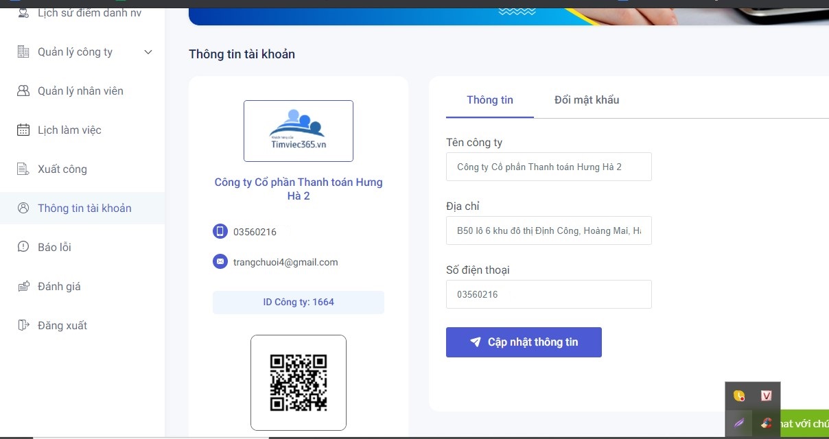 Cài đặt thông tin tài khoản 