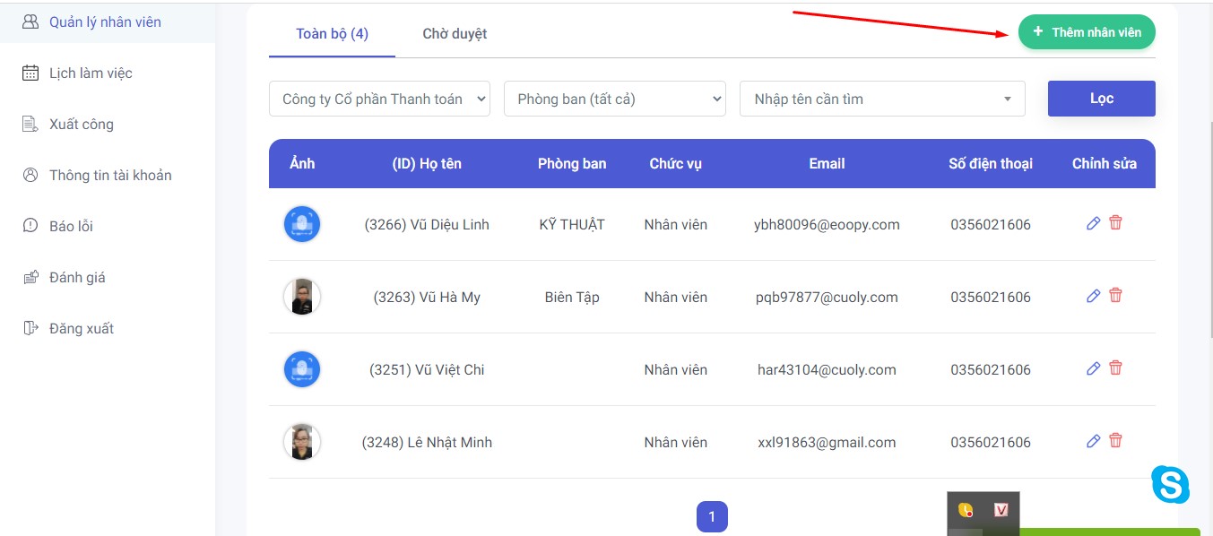 Chức năng lọc nhân viên 