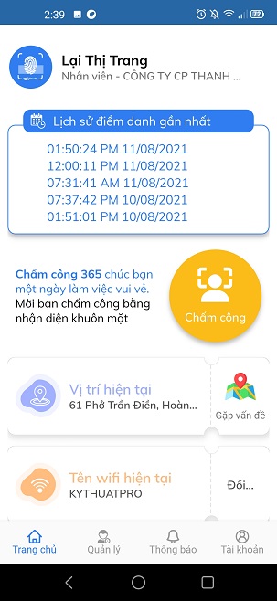 Giao diện trang chủ của app chấm công timviec365.vn ở tài khoản nhân viên có gì?